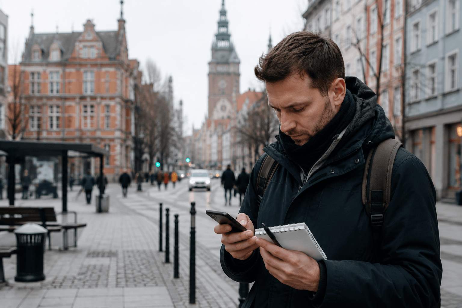 Mężczyzna idący chodnikiem w centrum miasta